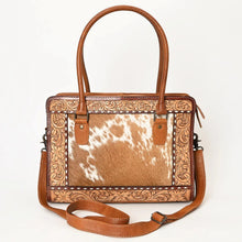 Load image into Gallery viewer, Western Purse, Western Tote Bag, Cute Tote Bag, Hand Tooled Leather Purse, Leather Briefcase, Laptop Bag, Hair On Cowhide Purse, Leather Bag
