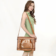 Load image into Gallery viewer, Western Purse, Western Tote Bag, Cute Tote Bag, Hand Tooled Leather Purse, Leather Briefcase, Laptop Bag, Hair On Cowhide Purse, Leather Bag

