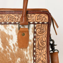 Load image into Gallery viewer, Western Purse, Western Tote Bag, Cute Tote Bag, Hand Tooled Leather Purse, Leather Briefcase, Laptop Bag, Hair On Cowhide Purse, Leather Bag
