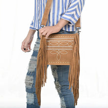 Load image into Gallery viewer, Suede Leather Western Purse, Leather Fringe Crossbody Purse, Boot Stitch Western Leather Crossbody Purse, Genuine Cowhide Leather Purse
