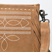 Load image into Gallery viewer, Suede Leather Western Purse, Leather Fringe Crossbody Purse, Boot Stitch Western Leather Crossbody Purse, Genuine Cowhide Leather Purse
