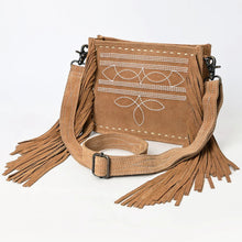 Load image into Gallery viewer, Suede Leather Western Purse, Leather Fringe Crossbody Purse, Boot Stitch Western Leather Crossbody Purse, Genuine Cowhide Leather Purse

