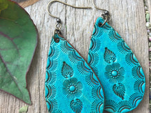 Load image into Gallery viewer, Hand Tooled Leather Earrings, Leather Teardrop Earrings, Turquoise Leather Earrings, Boho Vintage Western Earrings, Dangle Earrings
