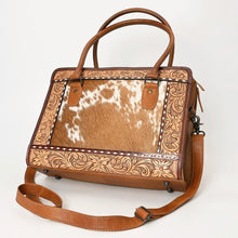 Load image into Gallery viewer, Western Purse, Western Tote Bag, Cute Tote Bag, Hand Tooled Leather Purse, Leather Briefcase, Laptop Bag, Hair On Cowhide Purse, Leather Bag
