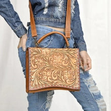 Load image into Gallery viewer, Western Hand Tooled Leather Purse, Western Tote Bag, Small Western Leather Purse, Genuine Cowhide Leather Purse, Western Crossbody Purse
