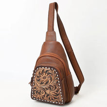 Load image into Gallery viewer, Leather Sling Bag Women, Leather Sling Backpack Purse, Leather Backpack, Western Purse, Hand Tooled Leather Sling Purse
