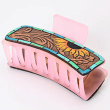 Load image into Gallery viewer, Hand Tooled Leather Hair Clip, Leather Hair Accessory, Custom Hair Clip, Pink Hair Clip, Sunflower Hair Clip
