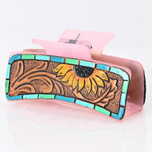 Load image into Gallery viewer, Hand Tooled Leather Hair Clip, Leather Hair Accessory, Custom Hair Clip, Pink Hair Clip, Sunflower Hair Clip
