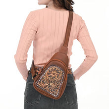 Load image into Gallery viewer, Leather Sling Bag Women, Leather Sling Backpack Purse, Leather Backpack, Western Purse, Hand Tooled Leather Sling Purse
