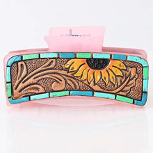 Load image into Gallery viewer, Hand Tooled Leather Hair Clip, Leather Hair Accessory, Custom Hair Clip, Pink Hair Clip, Sunflower Hair Clip
