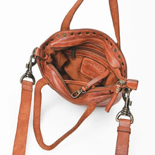 Load image into Gallery viewer, Inside the Riva cognac leather mini tote showing zip top, zip pocket, slip pocket and key clip
