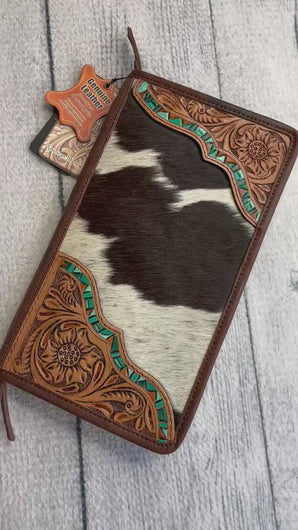 Western Hand Tooled Leather Jewelry Case, Hair on Hide Jewelry Holder, Cowhide Jewelry, Tooled Leather, Jewelry Purse