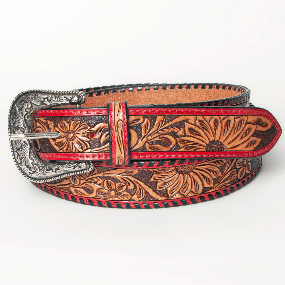 Thin Red Line Hand Tooled Leather Belt 32