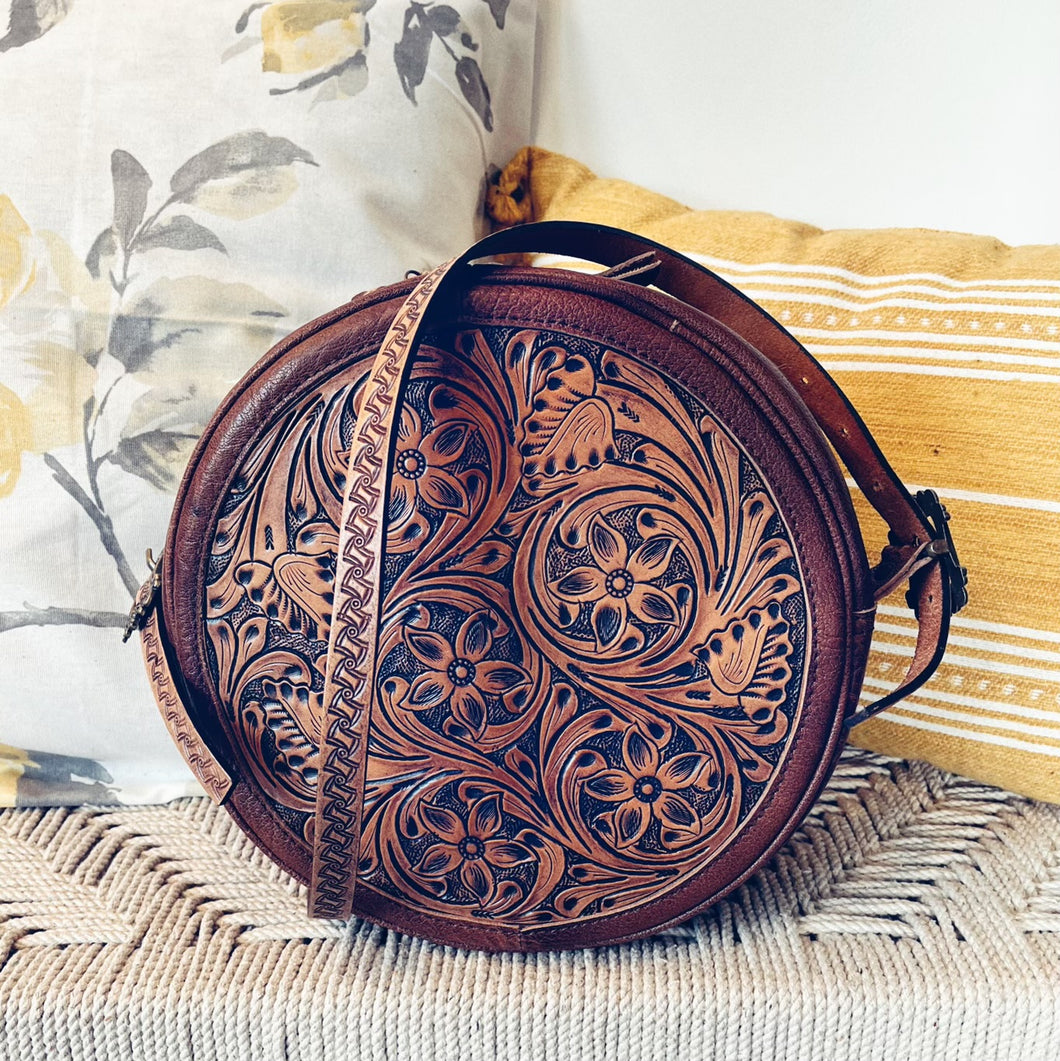 ROUND LEATHER CROSSBODY Western Tooled Leather Round Cowhide -  Denmark