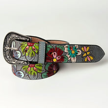 Load image into Gallery viewer, Womens Western Hand Tooled Leather Belt, Rodeo Belt, Embossed Leather Belt, Western Belt, Cowboy Belt, Cowgirl Belt, Studded Handmade Belt
