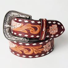 Load image into Gallery viewer, Womens Western Hand Tooled Leather Belt, Rodeo Belt, Embossed Leather Belt, Western Belt, Cowboy Belt, Cowgirl Belt, Studded Handmade Belt
