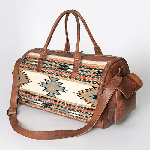 Western Hand Tooled Genuine Leather Aztec Southwest Weekender Duffle Purse, Weekender Travel Duffel, Leather Duffle