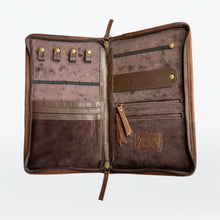 Load image into Gallery viewer, Western Hand Tooled Leather Jewelry Case, Hair on Hide Jewelry Holder, Cowhide Jewelry, Tooled Leather, Jewelry Purse

