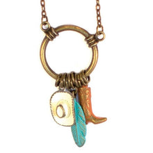 Load image into Gallery viewer, Western Charm Necklace, Cowboy Hat Necklace, Feather Charm Necklace, Cowboy Boot Pendant, Boho Necklace
