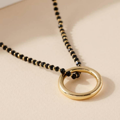Beaded Ring Pendant Necklace, Gold Plated Necklace, Boho Necklace, Black and Gold Necklace, Womens Gold Necklace