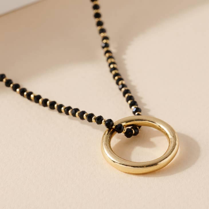 Beaded Ring Pendant Necklace, Gold Plated Necklace, Boho Necklace, Black and Gold Necklace, Womens Gold Necklace