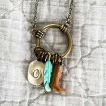 Load image into Gallery viewer, Western Charm Necklace, Cowboy Hat Necklace, Feather Charm Necklace, Cowboy Boot Pendant, Boho Necklace
