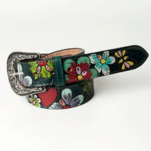 Load image into Gallery viewer, Womens Western Hand Tooled Leather Belt, Rodeo Belt, Embossed Leather Belt, Western Belt, Cowboy Belt, Cowgirl Belt, Studded Handmade Belt

