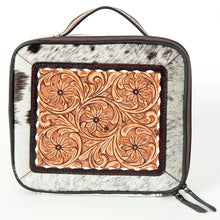 Load image into Gallery viewer, Western Leather Jewelry Case, Hair on Hide Jewelry Holder, Jewelry Safe, Locking Cowhide Jewelry, Tooled Leather, Jewelry Purse
