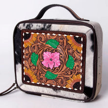 Load image into Gallery viewer, Western Leather Jewelry Case, Hair on Hide Jewelry Holder, Jewelry Safe, Locking Cowhide Jewelry, Tooled Leather, Jewelry Purse
