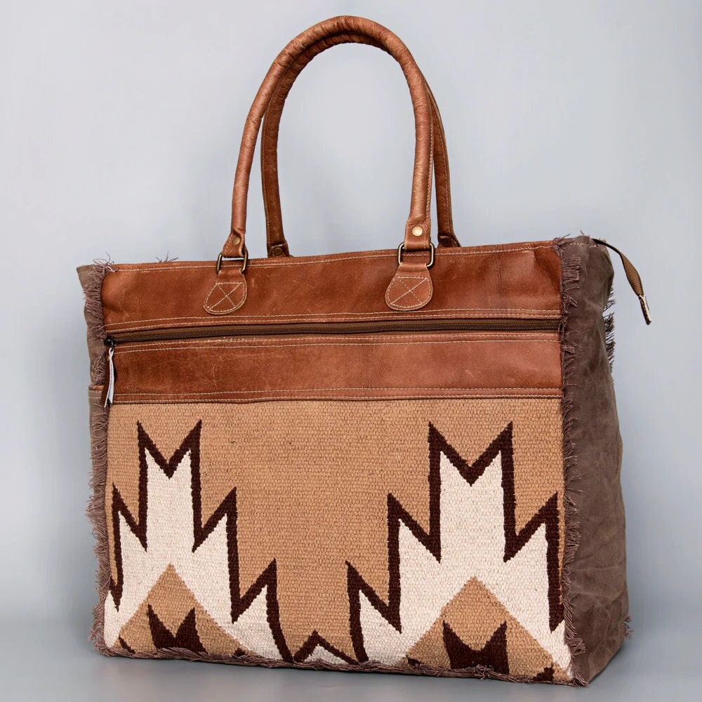 Western Leather Purse, Leather Tote Bag, Upcycled Canvas Tote, Saddle Blanket Bag, Weekender Tote Bag, Western Purse, Travel Tote Bag