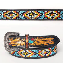 Load image into Gallery viewer, Womens Western Hand Tooled Leather Belt, Rodeo Belt, Embossed Leather Belt, Western Belt, Cowboy Belt, Cowgirl Belt, Beaded Handmade Belt
