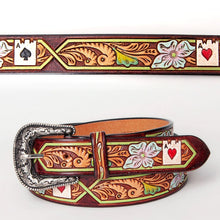 Load image into Gallery viewer, Womens Western Hand Tooled Leather Belt, Rodeo Belt, Embossed Leather Belt, Western Belt, Cowboy Belt, Cowgirl Belt, Studded Handmade Belt

