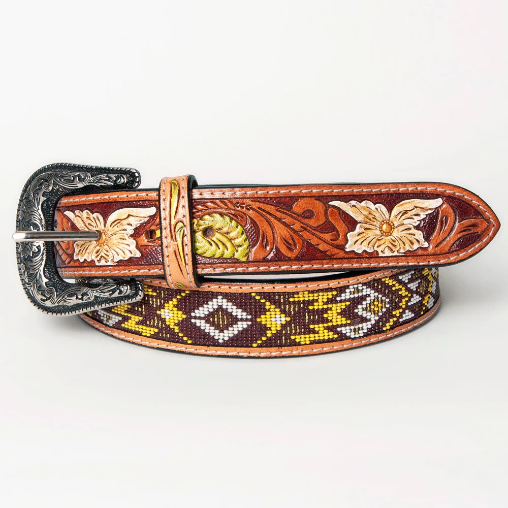 Womens Western Hand Tooled Leather Belt, Rodeo Belt, Embossed Leather Belt, Western Belt, Cowboy Belt, Cowgirl Belt, Beaded Handmade Belt
