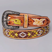 Load image into Gallery viewer, Womens Western Hand Tooled Leather Belt, Rodeo Belt, Embossed Leather Belt, Western Belt, Cowboy Belt, Cowgirl Belt, Beaded Handmade Belt
