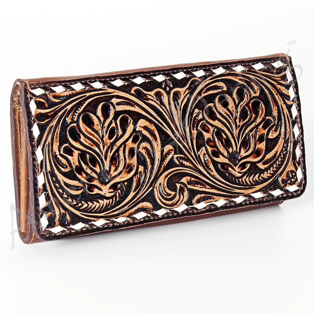 Western Hand Tooled Leather Wallet Purse, Western Buck Stitch Wallet, Leather Crossbody Purse, Genuine Leather Bag, Genuine Cowhide Bag