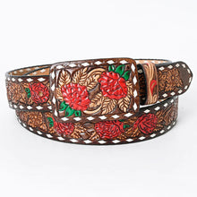 Load image into Gallery viewer, Womens Western Hand Tooled Leather Belt, Rodeo Belt, Embossed Leather Belt, Western Belt, Cowboy Belt, Cowgirl Belt, Studded Handmade Belt
