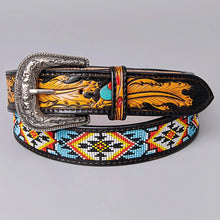 Load image into Gallery viewer, Womens Western Hand Tooled Leather Belt, Rodeo Belt, Embossed Leather Belt, Western Belt, Cowboy Belt, Cowgirl Belt, Beaded Handmade Belt
