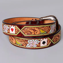 Load image into Gallery viewer, Womens Western Hand Tooled Leather Belt, Rodeo Belt, Embossed Leather Belt, Western Belt, Cowboy Belt, Cowgirl Belt, Studded Handmade Belt

