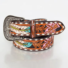 Load image into Gallery viewer, Womens Western Hand Tooled Leather Belt, Rodeo Belt, Embossed Leather Belt, Western Belt, Cowboy Belt, Cowgirl Belt, Studded Handmade Belt

