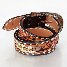 Load image into Gallery viewer, Womens Western Hand Tooled Leather Belt, Rodeo Belt, Embossed Leather Belt, Western Belt, Cowboy Belt, Cowgirl Belt, Studded Handmade Belt

