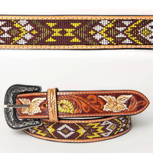Load image into Gallery viewer, Womens Western Hand Tooled Leather Belt, Rodeo Belt, Embossed Leather Belt, Western Belt, Cowboy Belt, Cowgirl Belt, Beaded Handmade Belt
