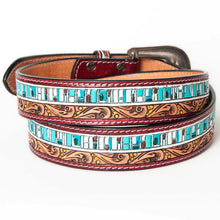 Load image into Gallery viewer, Womens Western Hand Tooled Leather Belt, Rodeo Belt, Embossed Leather Belt, Western Belt, Cowboy Belt, Cowgirl Belt, Studded Handmade Belt
