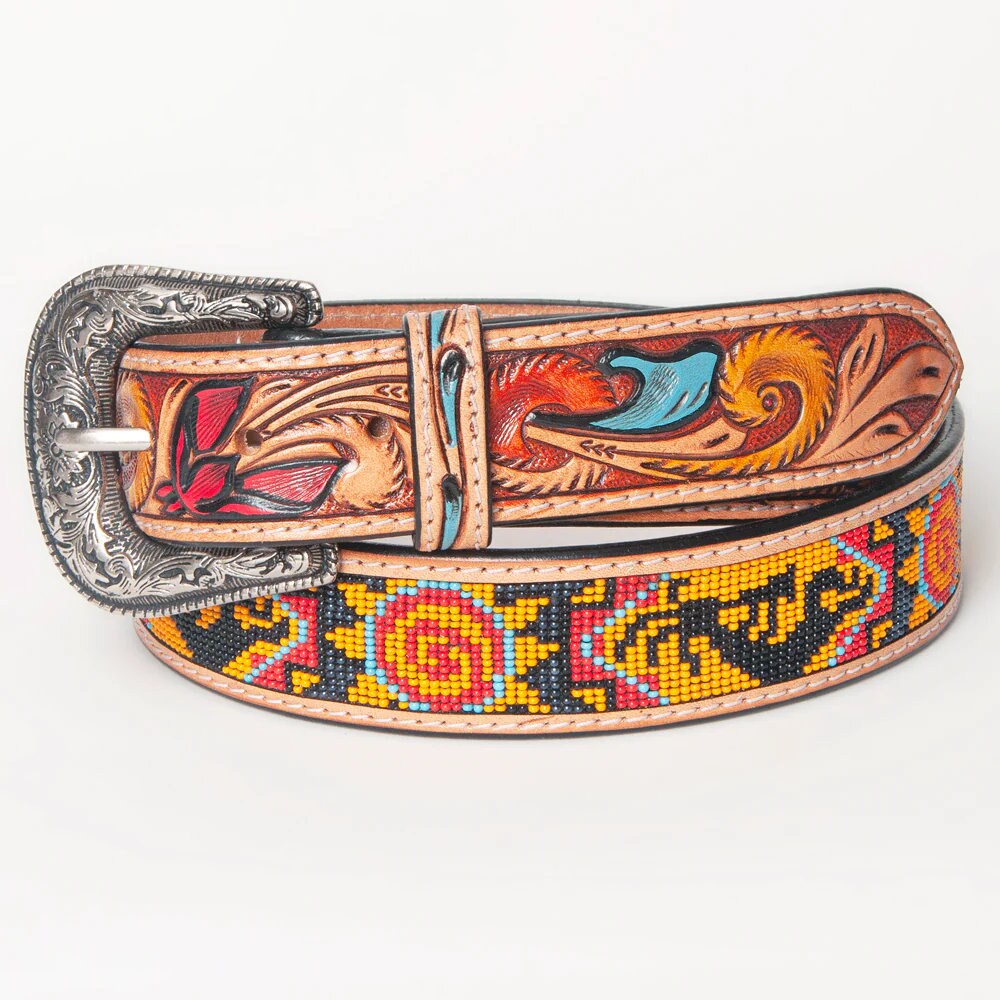 Womens Western Hand Tooled Leather Belt, Rodeo Belt, Embossed Leather Belt, Western Belt, Cowboy Belt, Cowgirl Belt, Beaded Handmade Belt