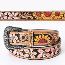 Load image into Gallery viewer, Womens Western Hand Tooled Leather Belt, Rodeo Belt, Embossed Leather Belt, Western Belt, Cowboy Belt, Cowgirl Belt, Studded Handmade Belt
