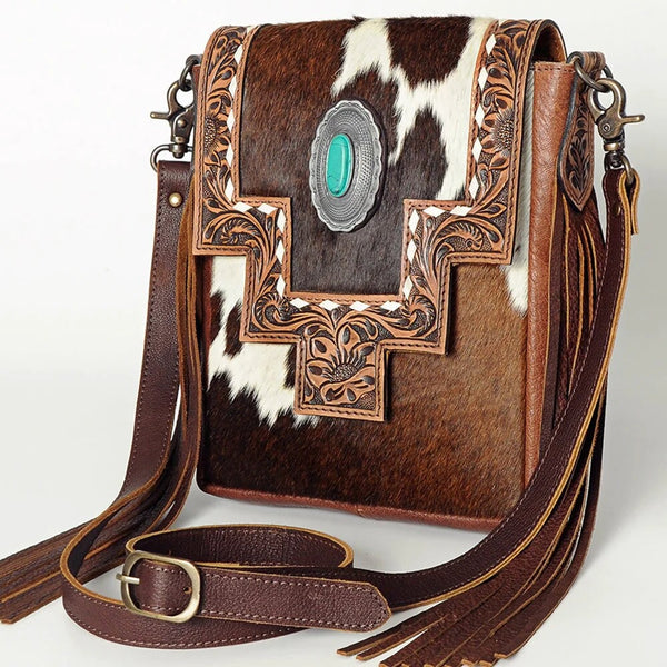 Montana West Coffee Genuine Leather Tooled Fringe Crossbody RLC-L159 CF -  Stockyard Style