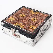 Load image into Gallery viewer, Western Leather Jewelry Case, Hair on Hide Jewelry Holder, Jewelry Safe, Locking Cowhide Jewelry, Tooled Leather, Jewelry Purse
