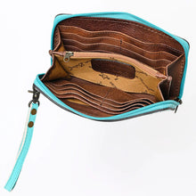 Load image into Gallery viewer, Western Hand Tooled Leather Wallet Purse, Western Buck Stitch Wallet, Leather Wristlet, Genuine Leather Bag, Genuine Cowhide Bag

