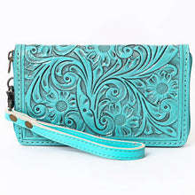 Load image into Gallery viewer, Western Hand Tooled Leather Wallet Purse, Western Buck Stitch Wallet, Leather Wristlet, Genuine Leather Bag, Genuine Cowhide Bag

