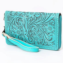 Load image into Gallery viewer, Western Hand Tooled Leather Wallet Purse, Western Buck Stitch Wallet, Leather Wristlet, Genuine Leather Bag, Genuine Cowhide Bag
