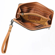 Load image into Gallery viewer, Western Hand Tooled Leather Wallet Purse, Western Buck Stitch Wallet, Leather Wristlet, Genuine Leather Bag, Genuine Cowhide Bag
